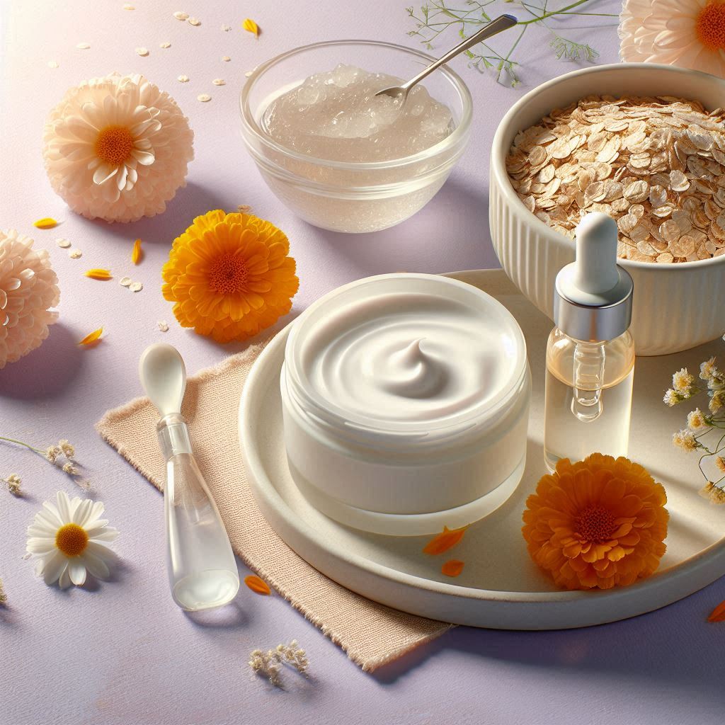 Cuidado de la piel con ingredientes naturales: crema, avena y flores orgánicas para una piel radiante
